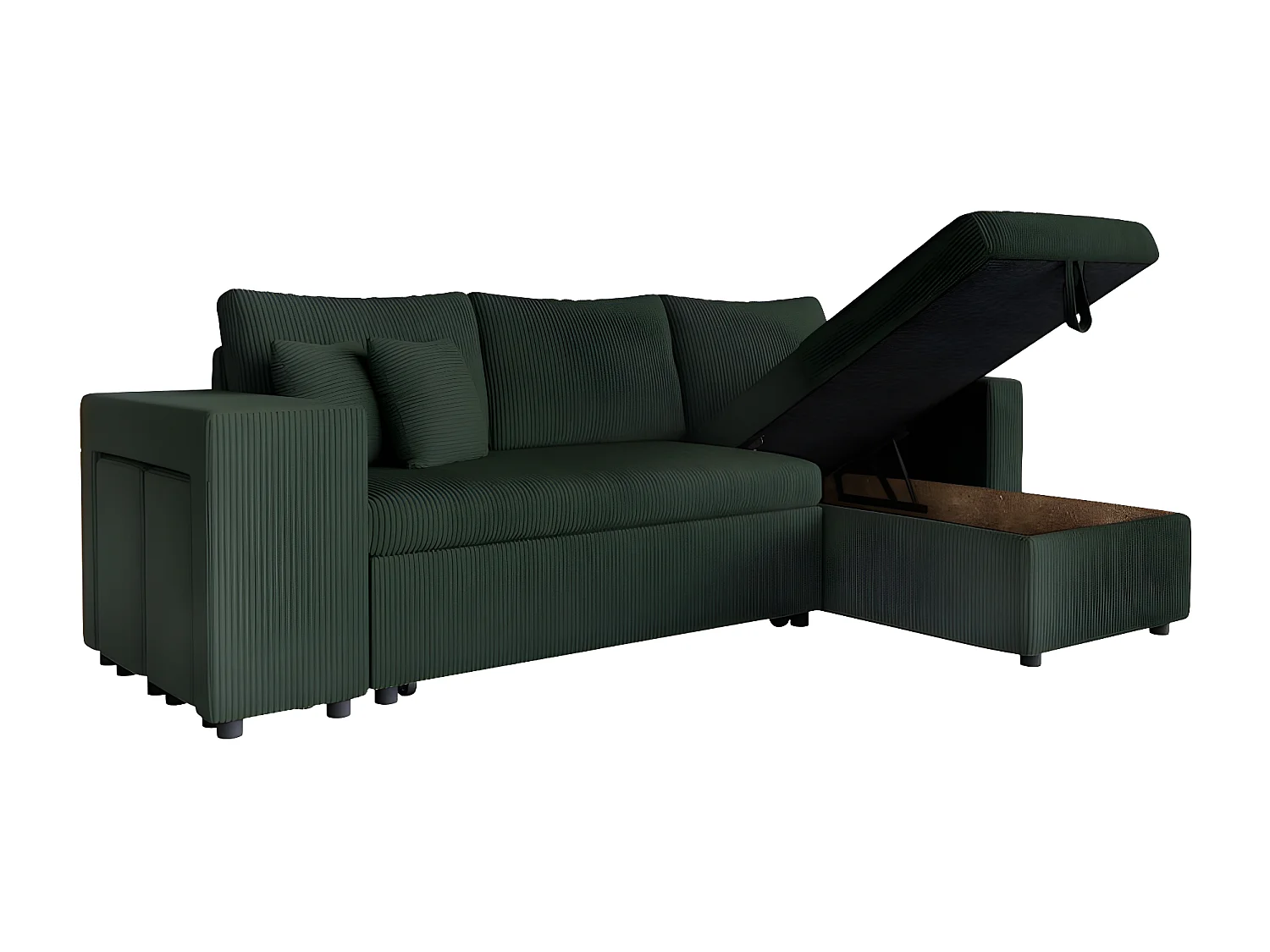 Canapé d'angle réversible convertible Oslo avec coffre, 2 poufs à gauche en velours côtelé vert - L241 x P146 x H81cm - Loungitude