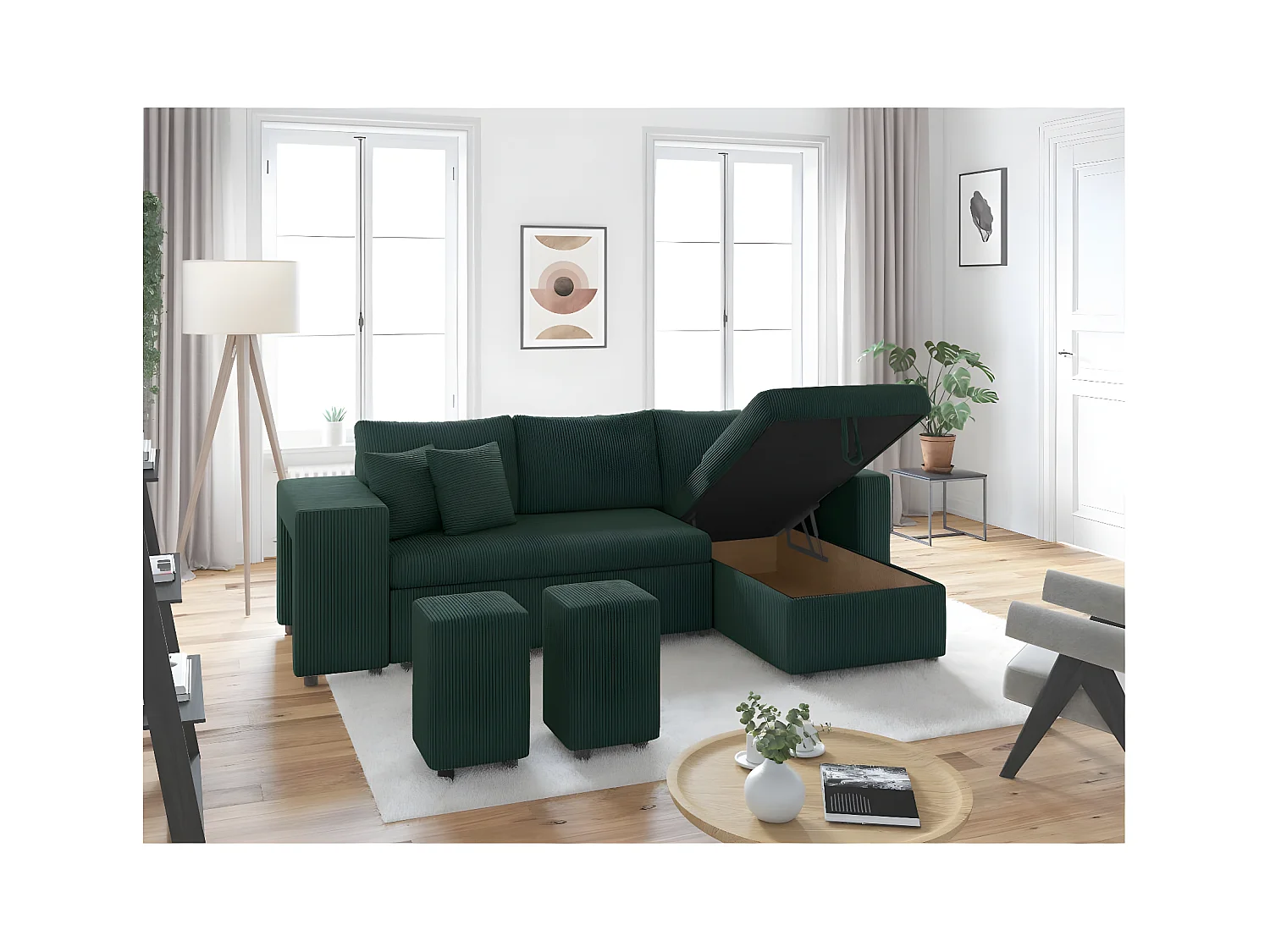 Canapé d'angle réversible convertible Oslo avec coffre, 2 poufs à gauche en velours côtelé vert - L241 x P146 x H81cm - Loungitude