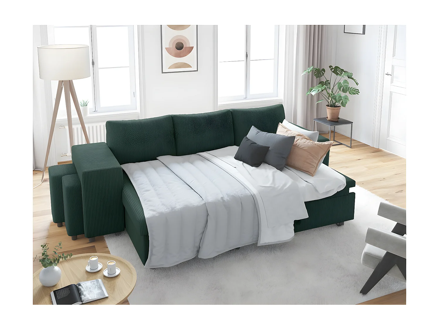 Canapé d'angle réversible convertible Oslo avec coffre, 2 poufs à gauche en velours côtelé vert - L241 x P146 x H81cm - Loungitude