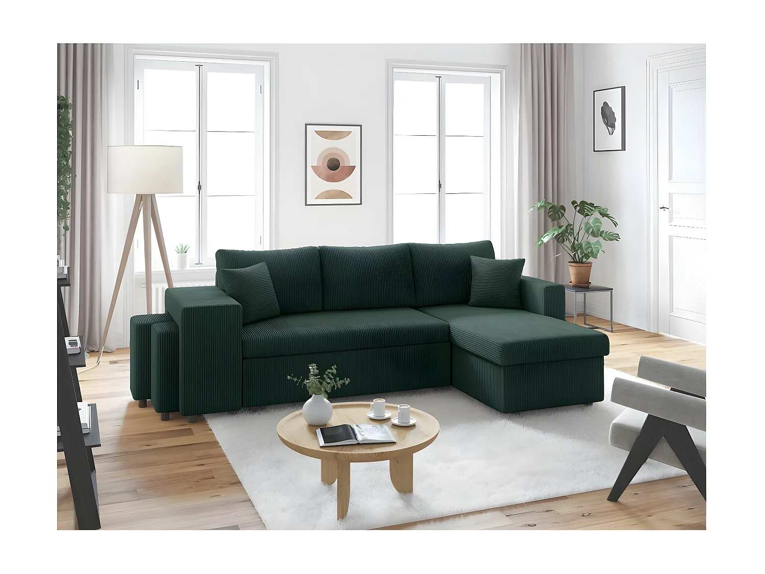 Canapé d'angle réversible convertible Oslo avec coffre, 2 poufs à gauche en velours côtelé vert - L241 x P146 x H81cm - Loungitude
