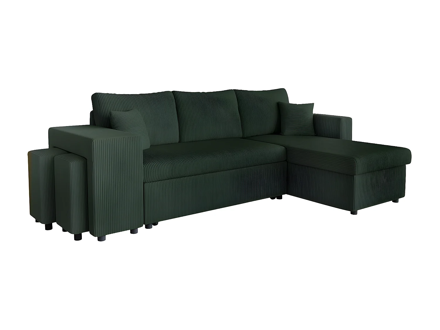 Canapé d'angle réversible convertible Oslo avec coffre, 2 poufs à gauche en velours côtelé vert - L241 x P146 x H81cm - Loungitude