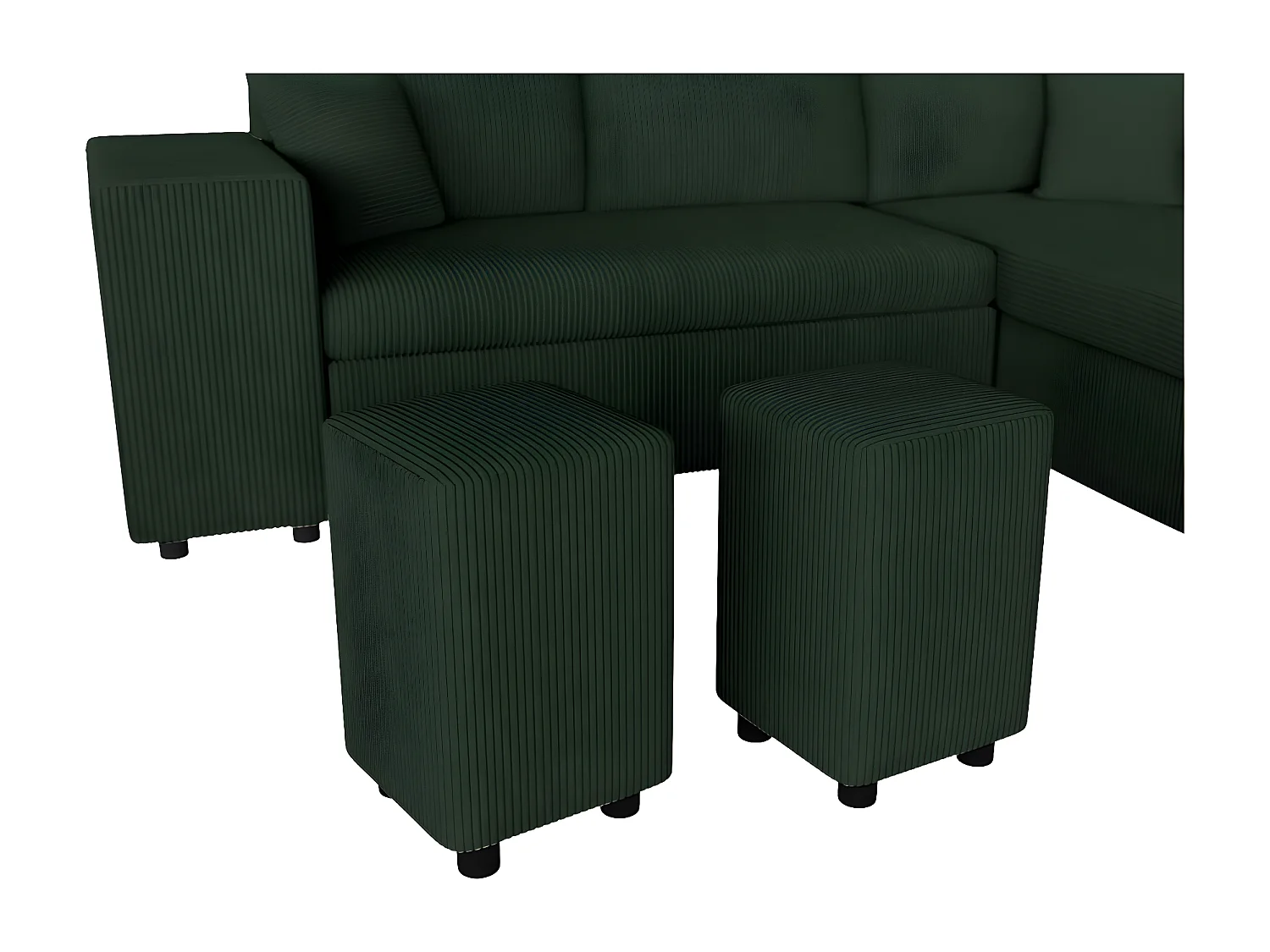 Canapé d'angle réversible convertible Oslo avec coffre, 2 poufs à gauche en velours côtelé vert - L241 x P146 x H81cm - Loungitude