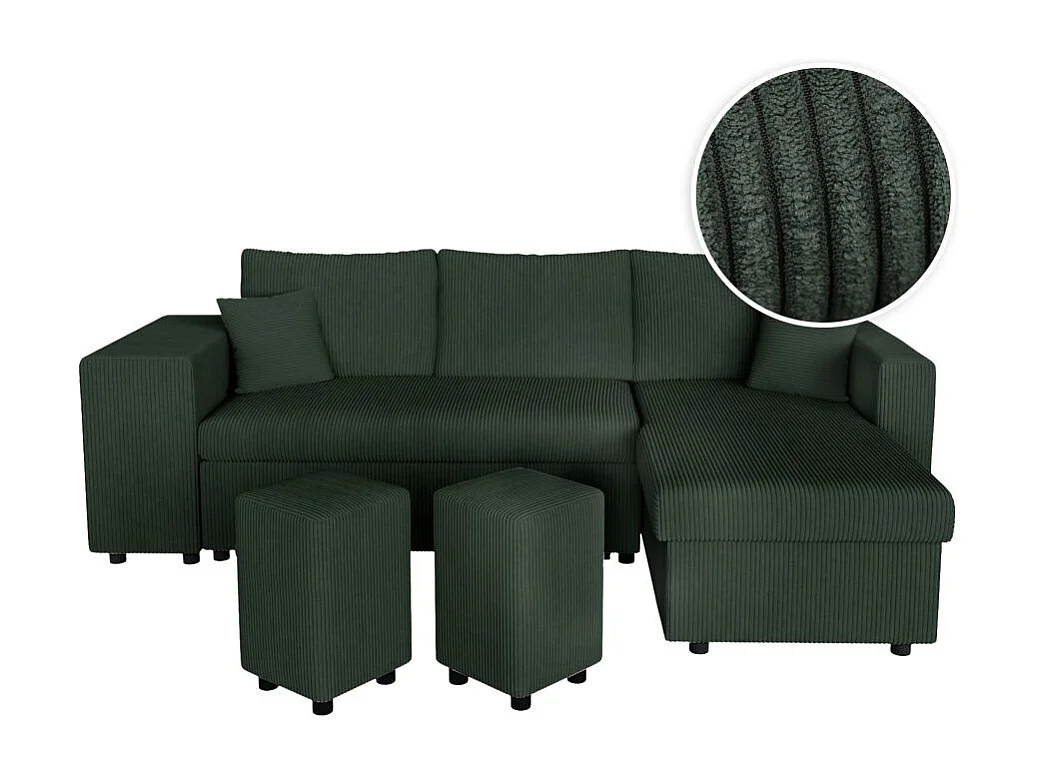 Canapé d'angle réversible convertible Oslo avec coffre, 2 poufs à gauche en velours côtelé vert - L241 x P146 x H81cm - Loungitude