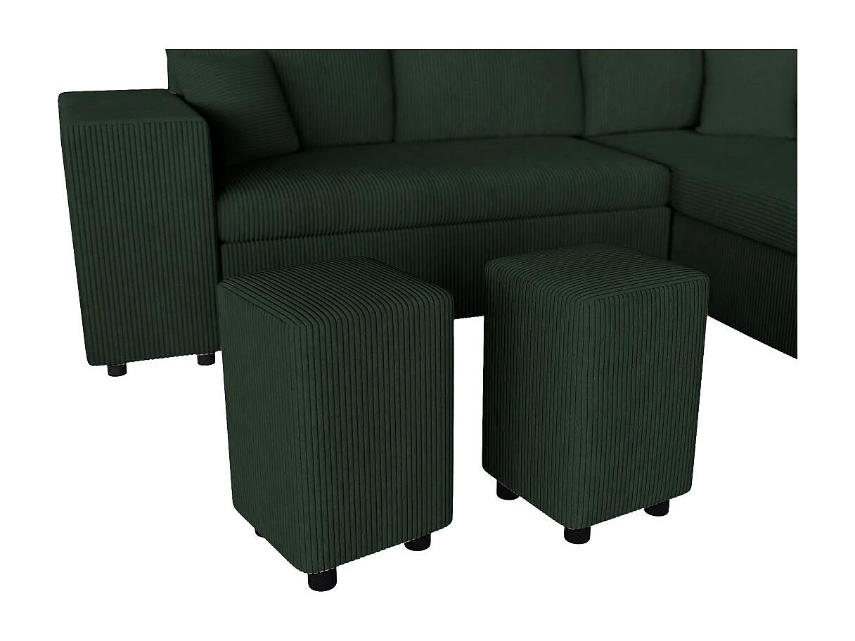 Canapé d'angle réversible convertible Oslo avec coffre, 2 poufs à gauche en velours côtelé vert - L241 x P146 x H81cm - Loungitude