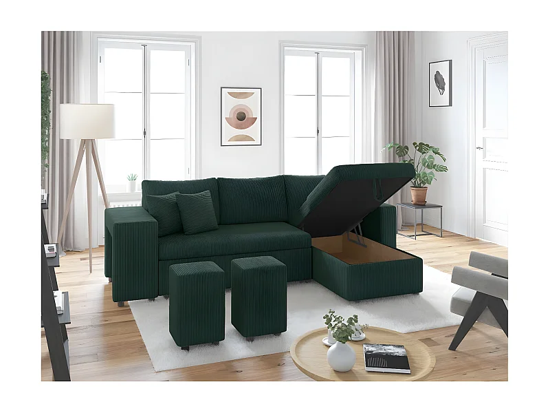 Canapé d'angle réversible convertible Oslo avec coffre, 2 poufs à gauche en velours côtelé vert - L241 x P146 x H81cm - Loungitude