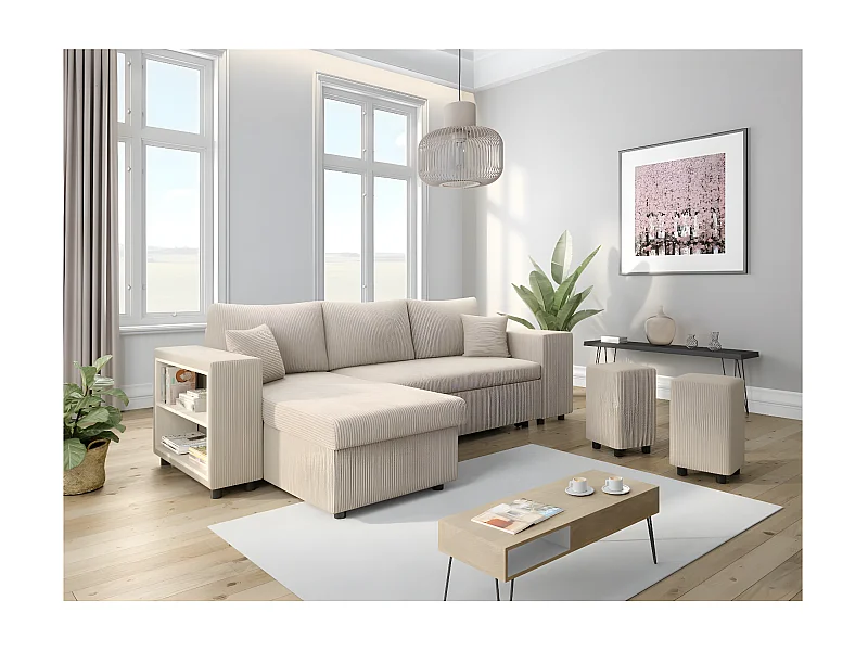 Canapé d'angle réversible Mady avec coffre, rangement poufs à droite en velours côtelé - Beige - L254 x P146 x H81cm - Loungitude