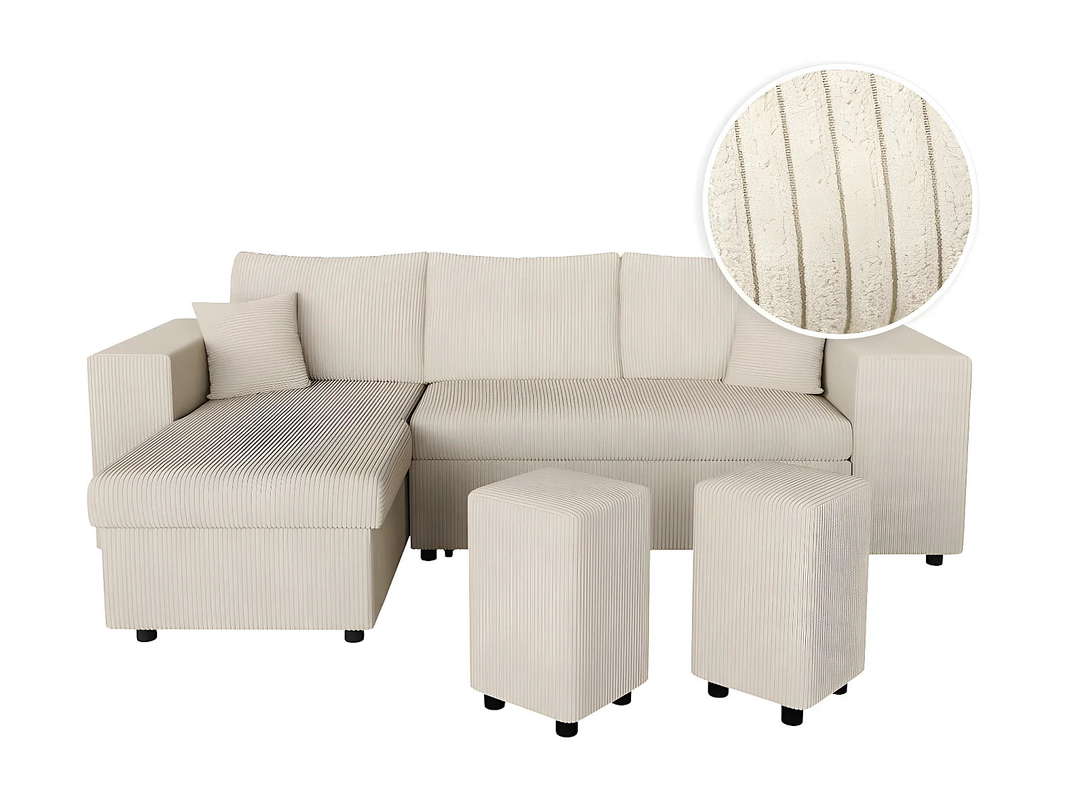 Canapé d'angle réversible Mady avec coffre, rangement poufs à droite en velours côtelé - Beige - L254 x P146 x H81cm - Loungitude