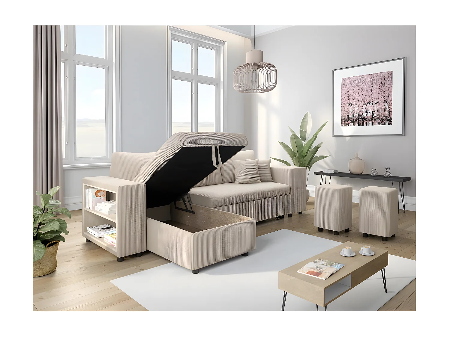 Canapé d'angle réversible Mady avec coffre, rangement poufs à droite en velours côtelé - Beige - L254 x P146 x H81cm - Loungitude