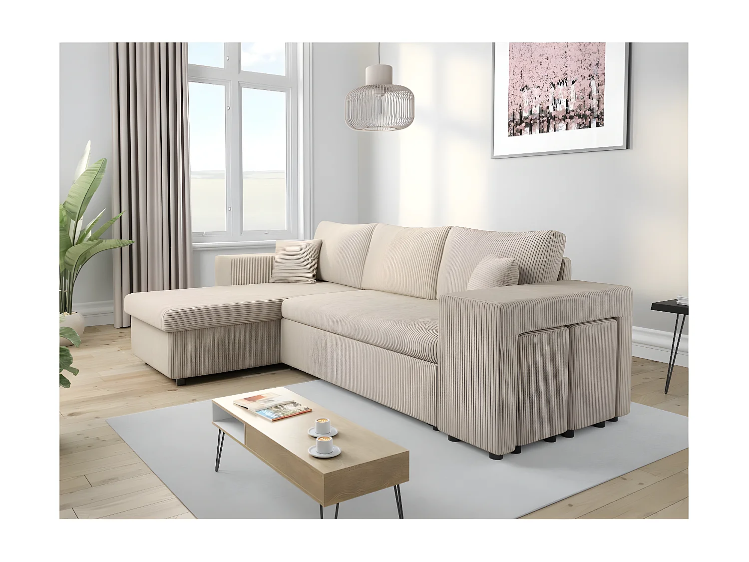 Canapé d'angle réversible Mady avec coffre, rangement poufs à droite en velours côtelé - Beige - L254 x P146 x H81cm - Loungitude