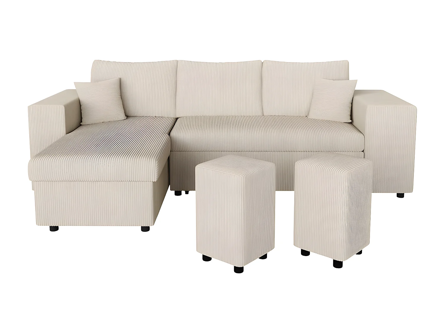 Canapé d'angle réversible Mady avec coffre, rangement poufs à droite en velours côtelé - Beige - L254 x P146 x H81cm - Loungitude