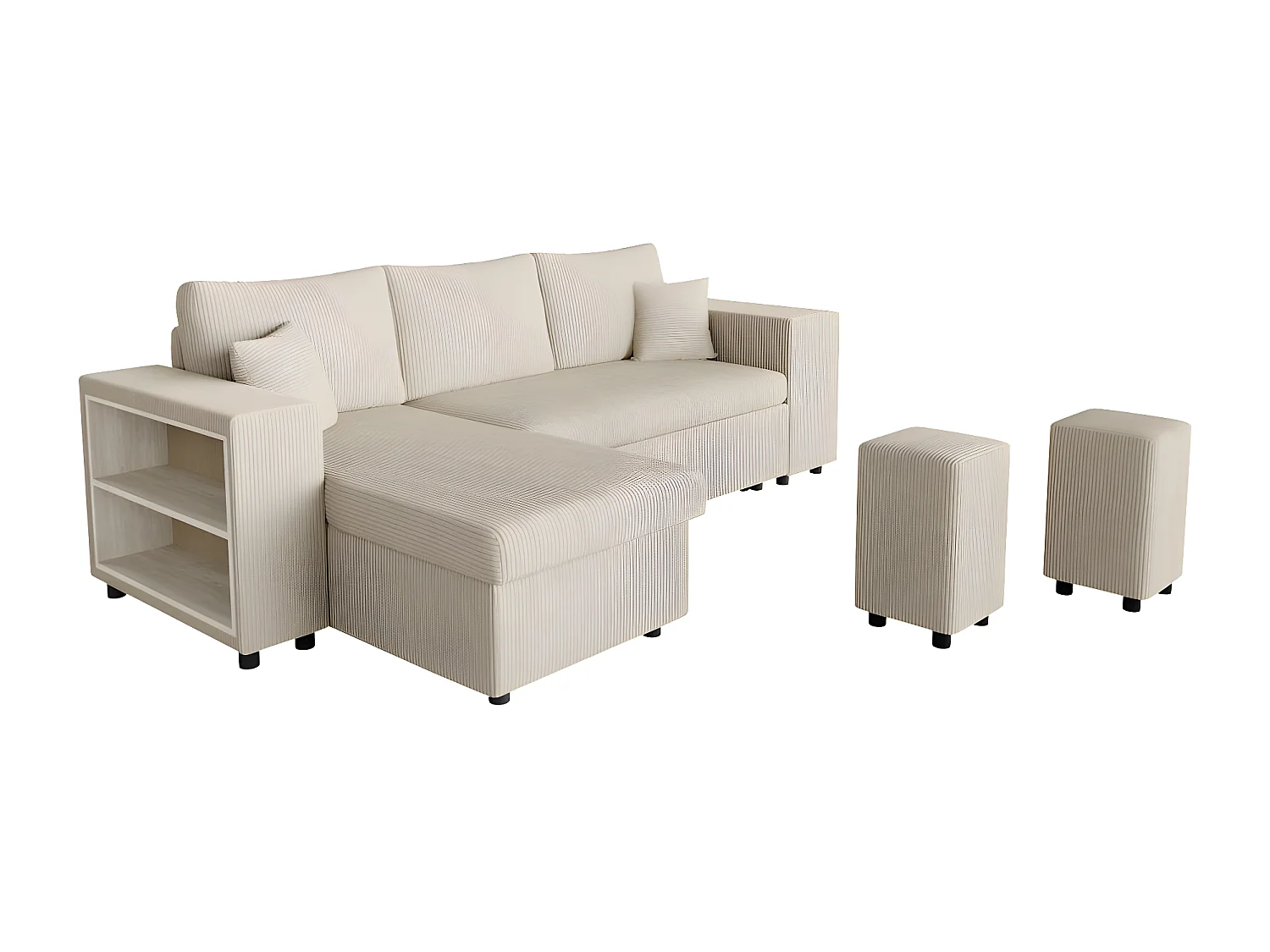 Canapé d'angle réversible Mady avec coffre, rangement poufs à droite en velours côtelé - Beige - L254 x P146 x H81cm - Loungitude