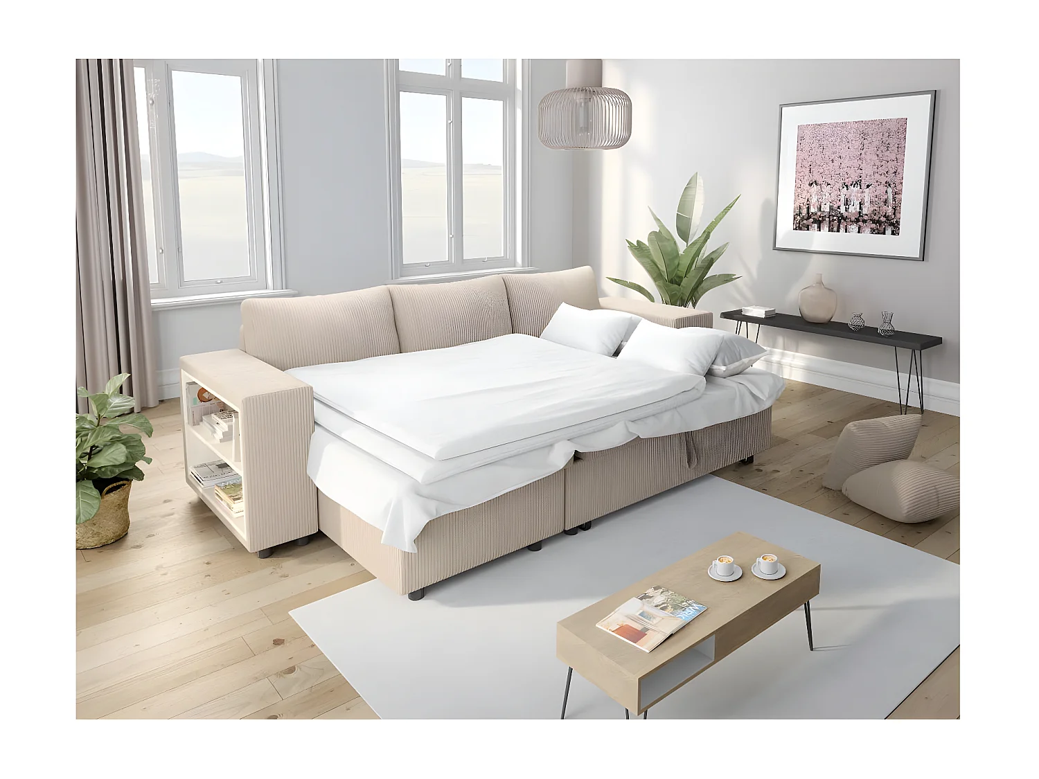 Canapé d'angle réversible Mady avec coffre, rangement poufs à droite en velours côtelé - Beige - L254 x P146 x H81cm - Loungitude