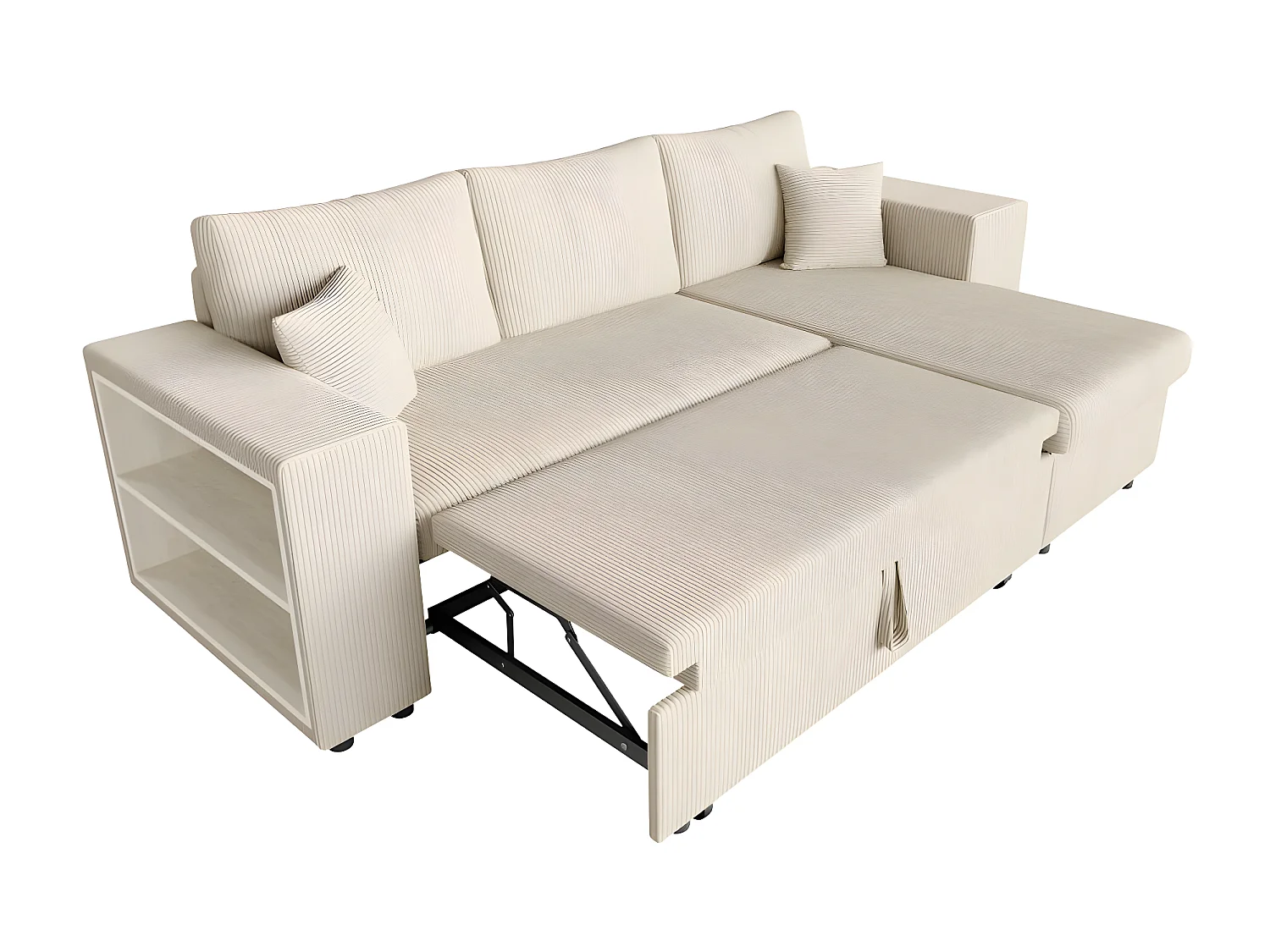 Canapé d'angle réversible Mady avec coffre, rangement poufs à droite en velours côtelé - Beige - L254 x P146 x H81cm - Loungitude