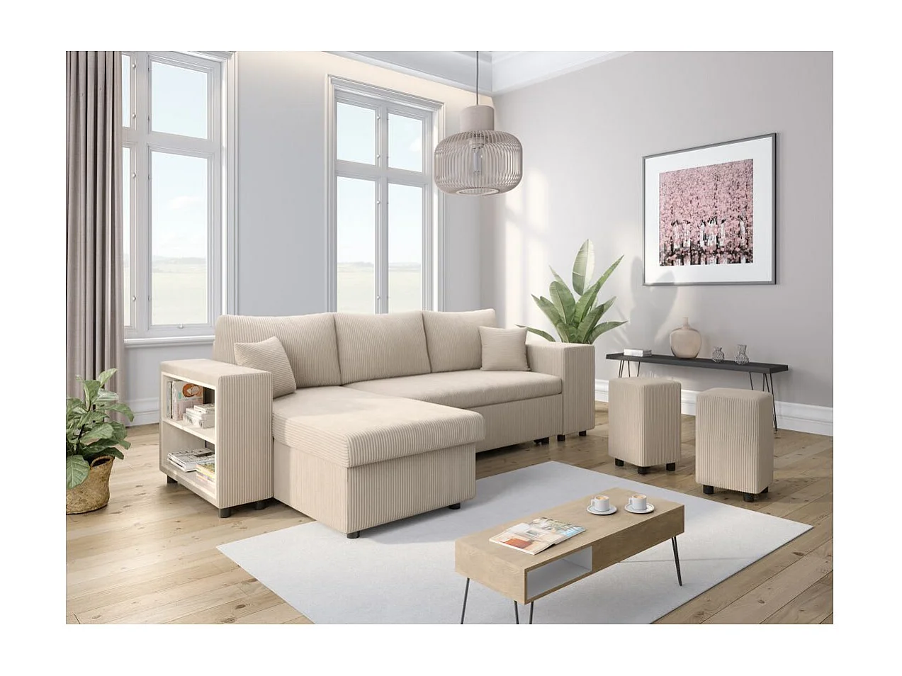 Canapé d'angle réversible Mady avec coffre, rangement poufs à droite en velours côtelé - Beige - L254 x P146 x H81cm - Loungitude