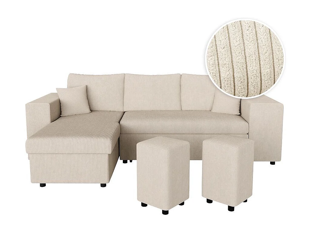 Canapé d'angle réversible Mady avec coffre, rangement poufs à droite en velours côtelé - Beige - L254 x P146 x H81cm - Loungitude