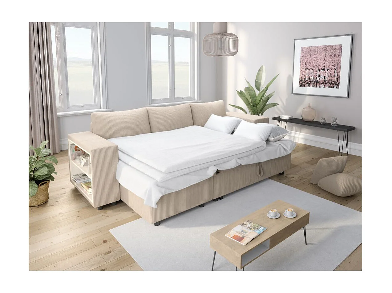 Canapé d'angle réversible Mady avec coffre, rangement poufs à droite en velours côtelé - Beige - L254 x P146 x H81cm - Loungitude