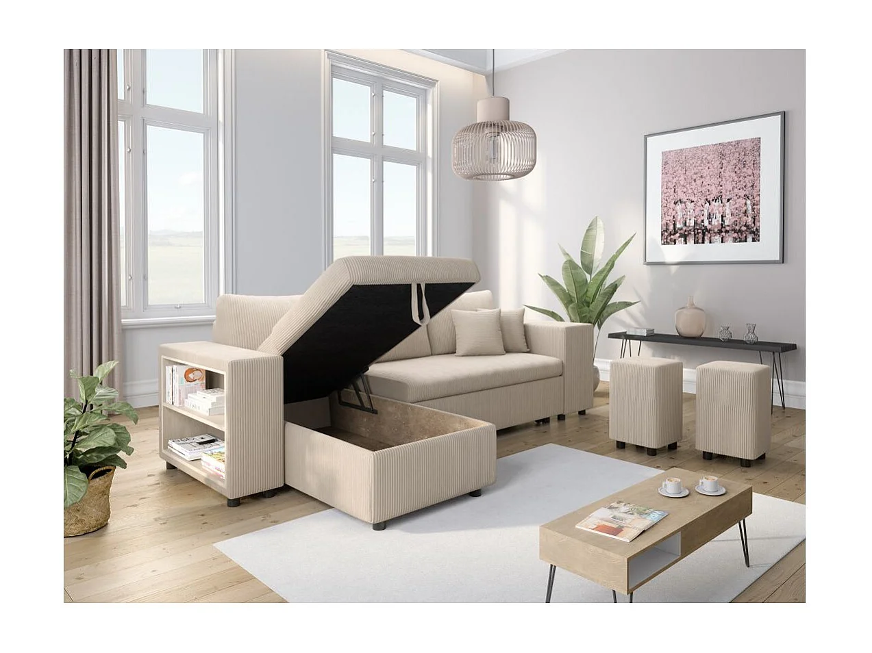 Canapé d'angle réversible Mady avec coffre, rangement poufs à droite en velours côtelé - Beige - L254 x P146 x H81cm - Loungitude