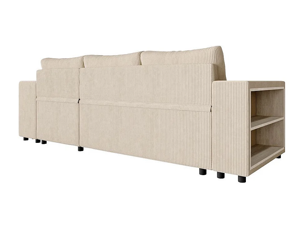 Canapé d'angle réversible Mady avec coffre, rangement poufs à droite en velours côtelé - Beige - L254 x P146 x H81cm - Loungitude