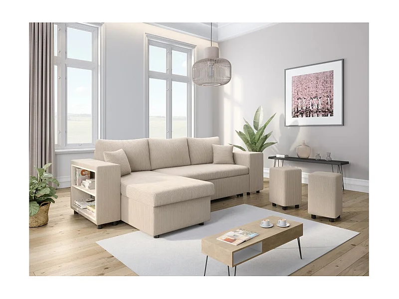 Canapé d'angle réversible Mady avec coffre, rangement poufs à droite en velours côtelé - Beige - L254 x P146 x H81cm - Loungitude