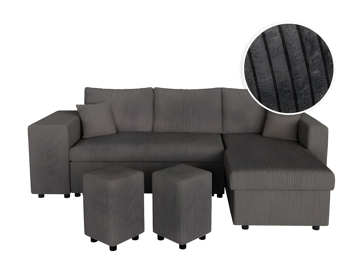 Canapé d'angle réversible convertible Oslo coffre 2 poufs à gauche en velours côtelé Gris anthracite - L241 x P146 x H81cm - Loungitude