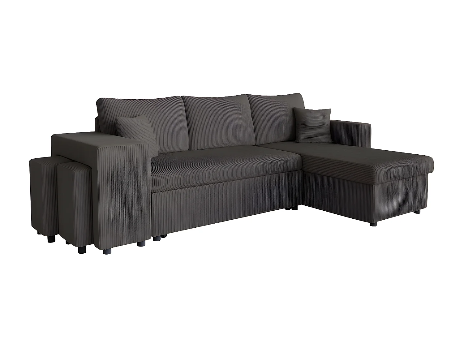 Canapé d'angle réversible convertible Oslo coffre 2 poufs à gauche en velours côtelé Gris anthracite - L241 x P146 x H81cm - Loungitude