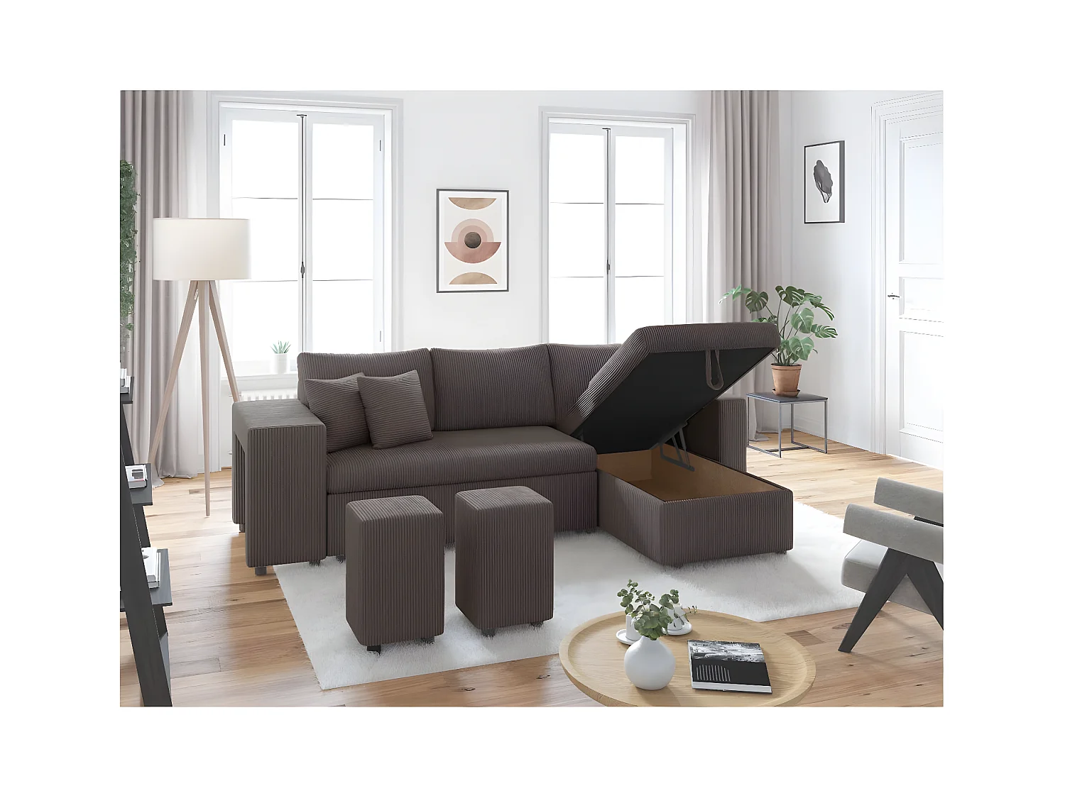 Canapé d'angle réversible convertible Oslo coffre 2 poufs à gauche en velours côtelé Gris anthracite - L241 x P146 x H81cm - Loungitude