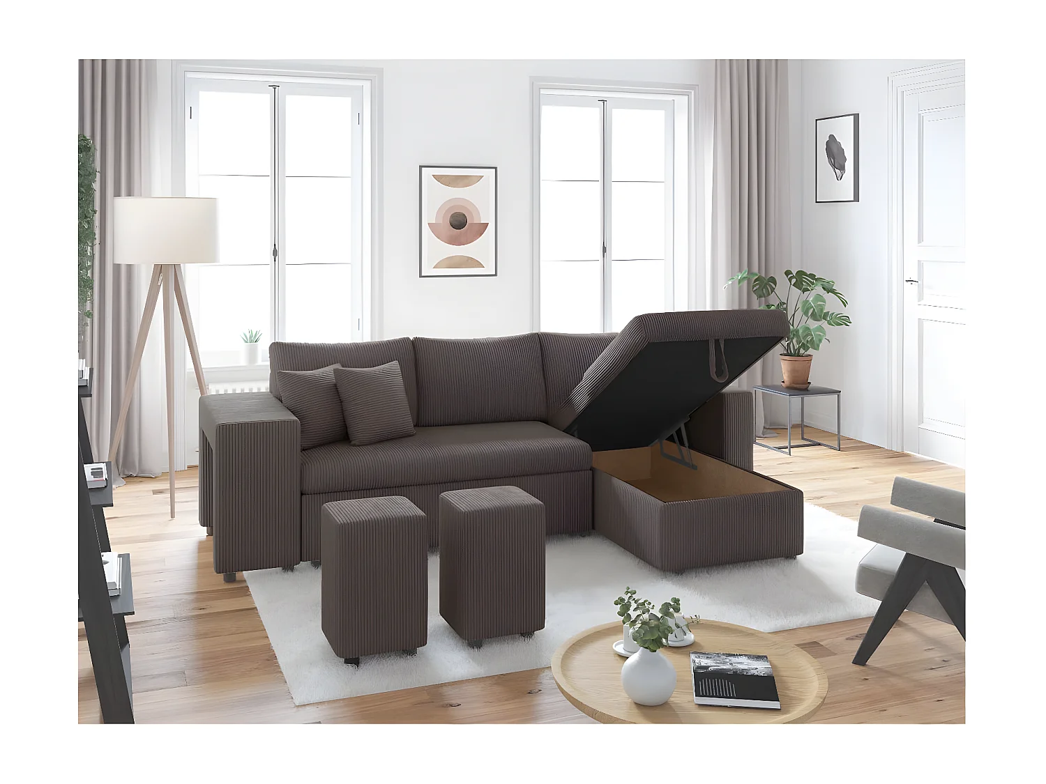 Canapé d'angle réversible convertible Oslo coffre 2 poufs à gauche en velours côtelé Gris anthracite - L241 x P146 x H81cm - Loungitude