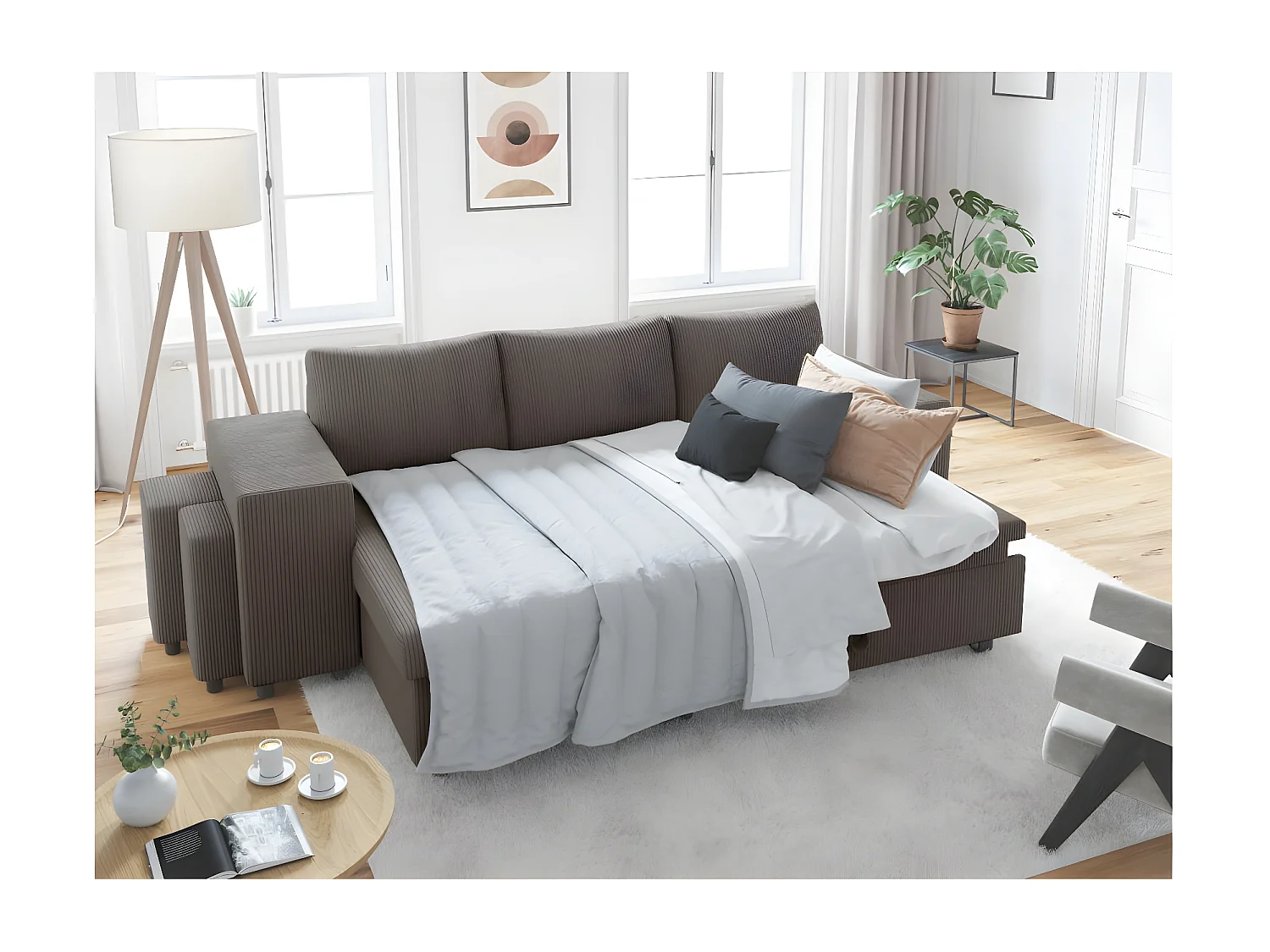 Canapé d'angle réversible convertible Oslo coffre 2 poufs à gauche en velours côtelé Gris anthracite - L241 x P146 x H81cm - Loungitude