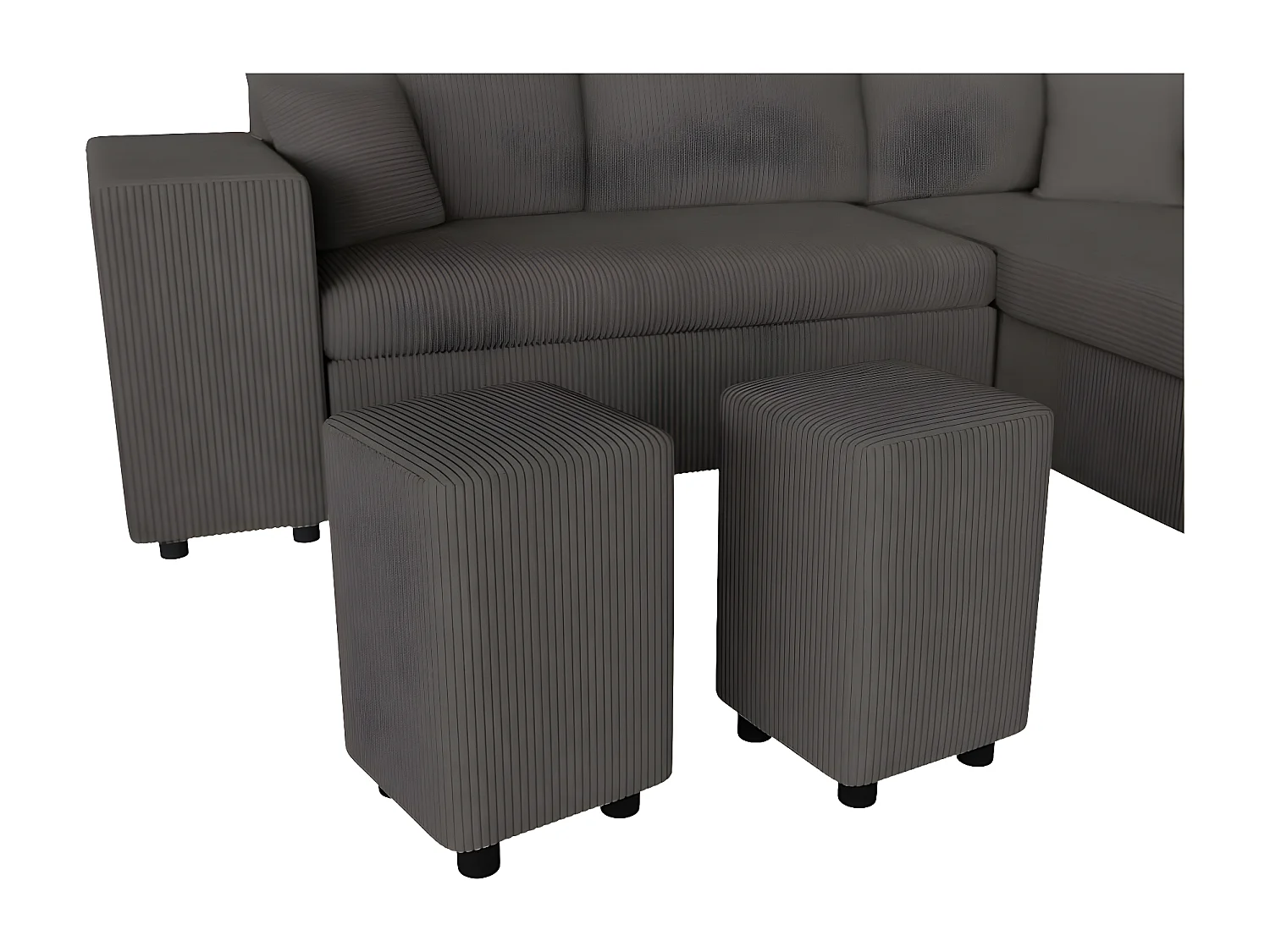 Canapé d'angle réversible convertible Oslo coffre 2 poufs à gauche en velours côtelé Gris anthracite - L241 x P146 x H81cm - Loungitude