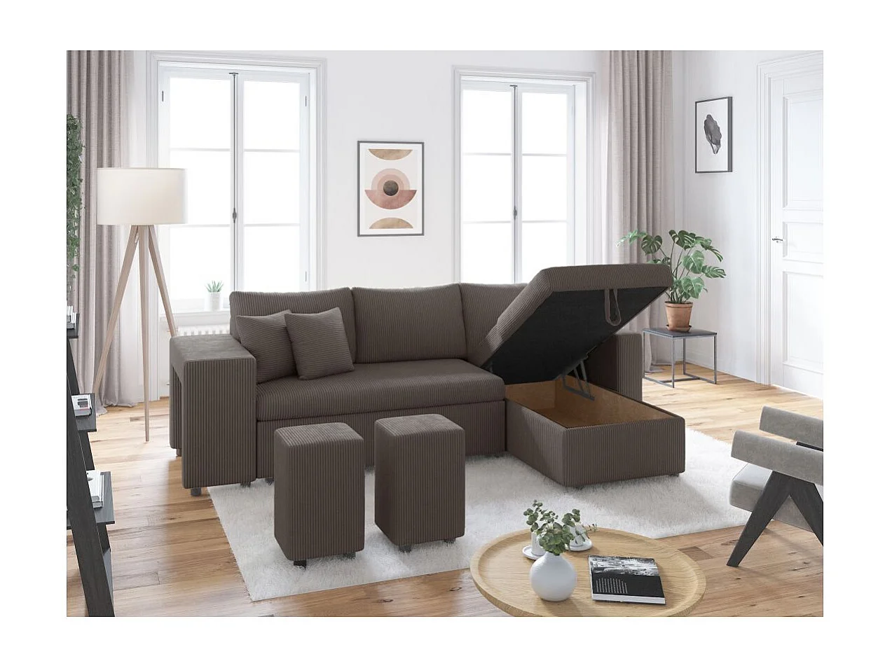 Canapé d'angle réversible convertible Oslo coffre 2 poufs à gauche en velours côtelé Gris anthracite - L241 x P146 x H81cm - Loungitude