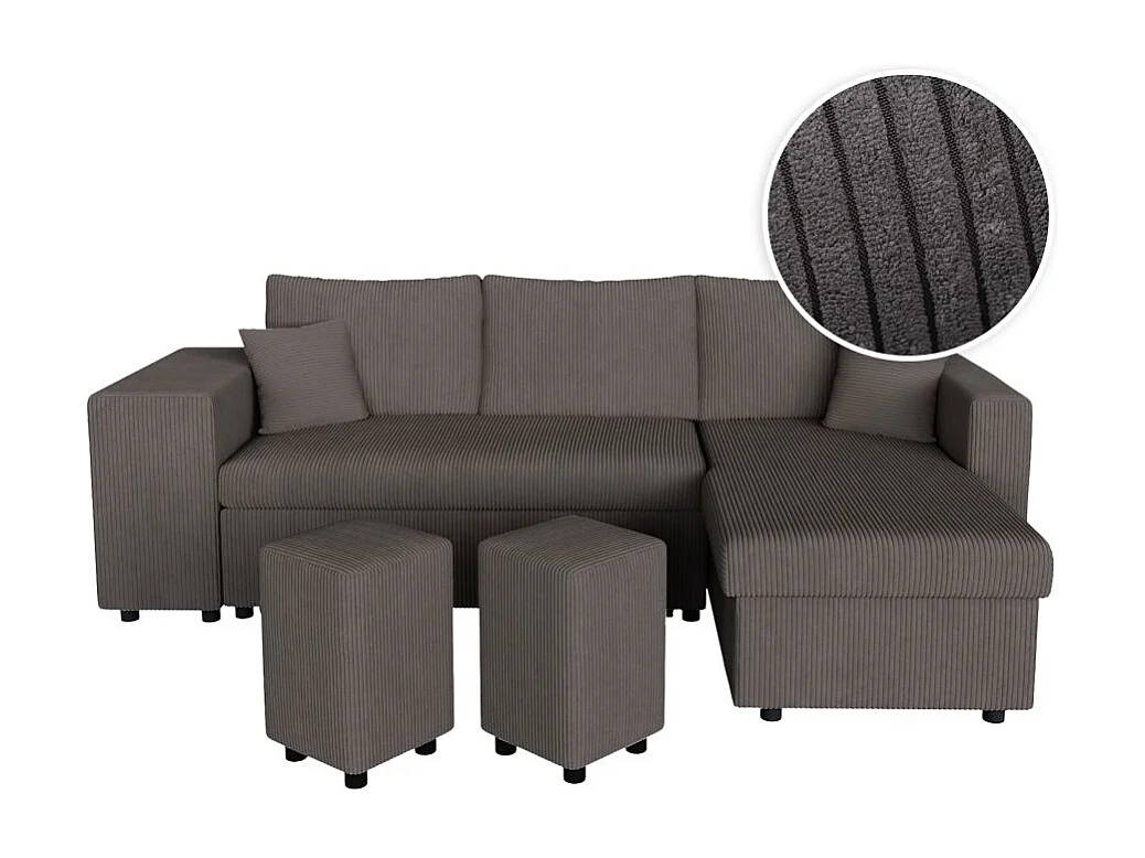 Canapé d'angle réversible convertible Oslo coffre 2 poufs à gauche en velours côtelé Gris anthracite - L241 x P146 x H81cm - Loungitude