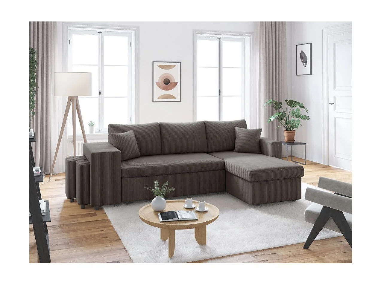 Canapé d'angle réversible convertible Oslo coffre 2 poufs à gauche en velours côtelé Gris anthracite - L241 x P146 x H81cm - Loungitude