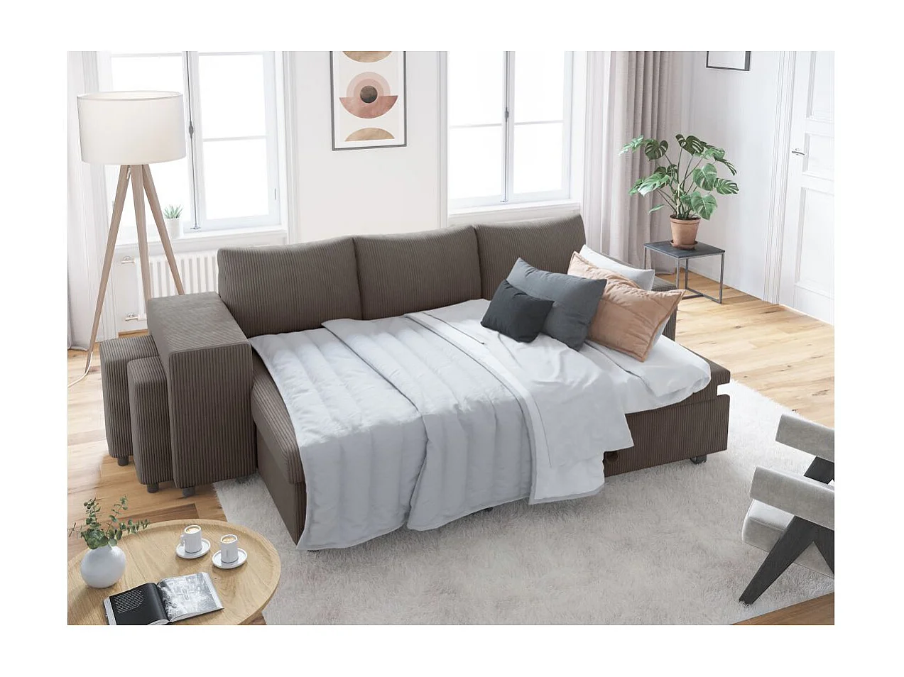 Canapé d'angle réversible convertible Oslo coffre 2 poufs à gauche en velours côtelé Gris anthracite - L241 x P146 x H81cm - Loungitude