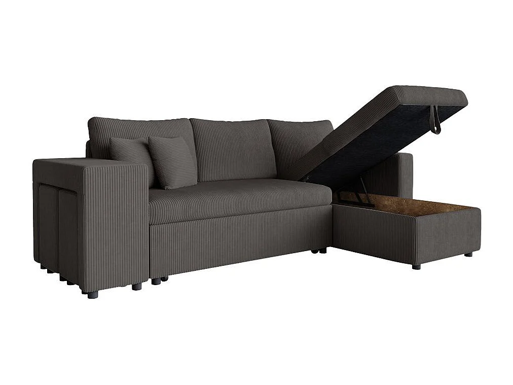 Canapé d'angle réversible convertible Oslo coffre 2 poufs à gauche en velours côtelé Gris anthracite - L241 x P146 x H81cm - Loungitude
