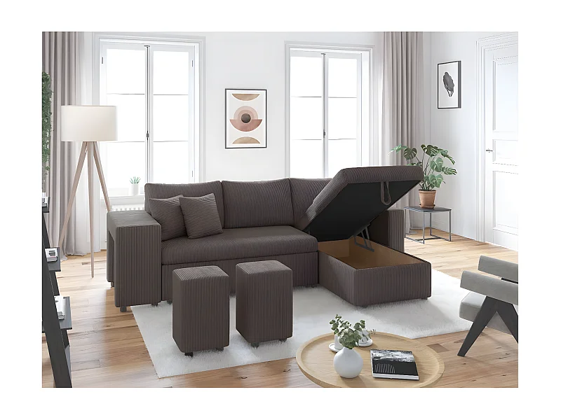 Canapé d'angle réversible convertible Oslo coffre 2 poufs à gauche en velours côtelé Gris anthracite - L241 x P146 x H81cm - Loungitude