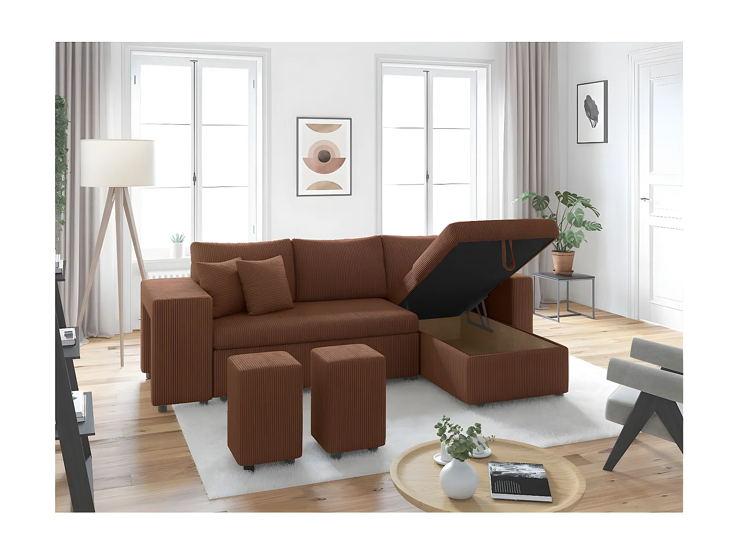 Canapé d'angle réversible convertible Oslo avec coffre, 2 poufs à gauche en velours côtelé marron - L241 x P146 x H81cm - Loungitude