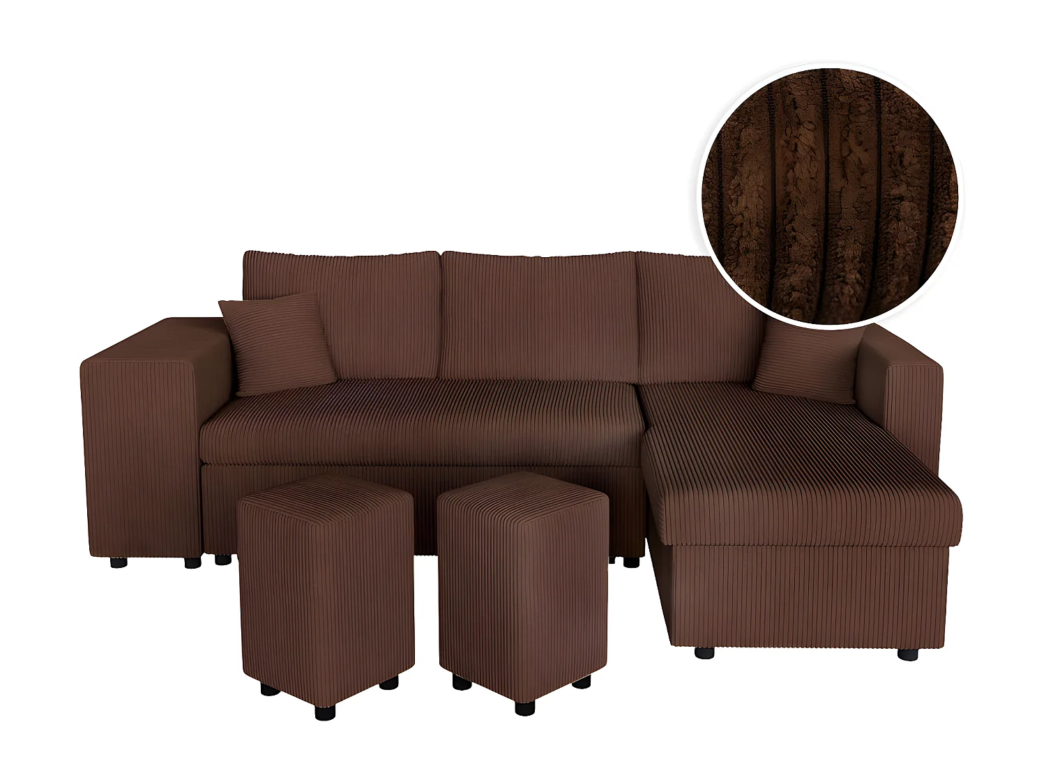 Canapé d'angle réversible convertible Oslo avec coffre, 2 poufs à gauche en velours côtelé marron - L241 x P146 x H81cm - Loungitude