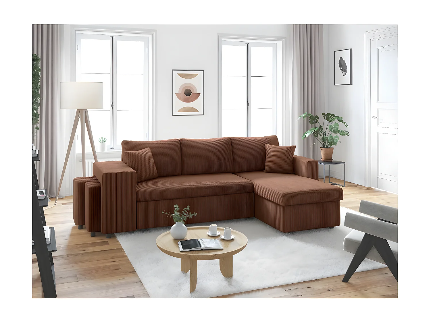 Canapé d'angle réversible convertible Oslo avec coffre, 2 poufs à gauche en velours côtelé marron - L241 x P146 x H81cm - Loungitude