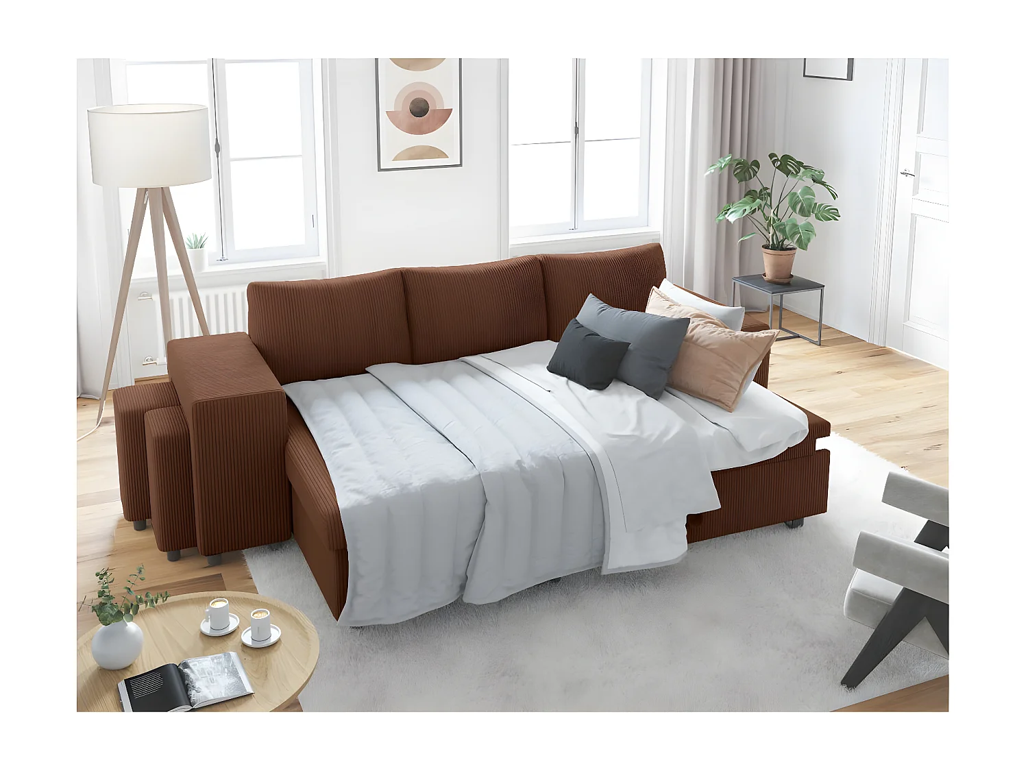 Canapé d'angle réversible convertible Oslo avec coffre, 2 poufs à gauche en velours côtelé marron - L241 x P146 x H81cm - Loungitude