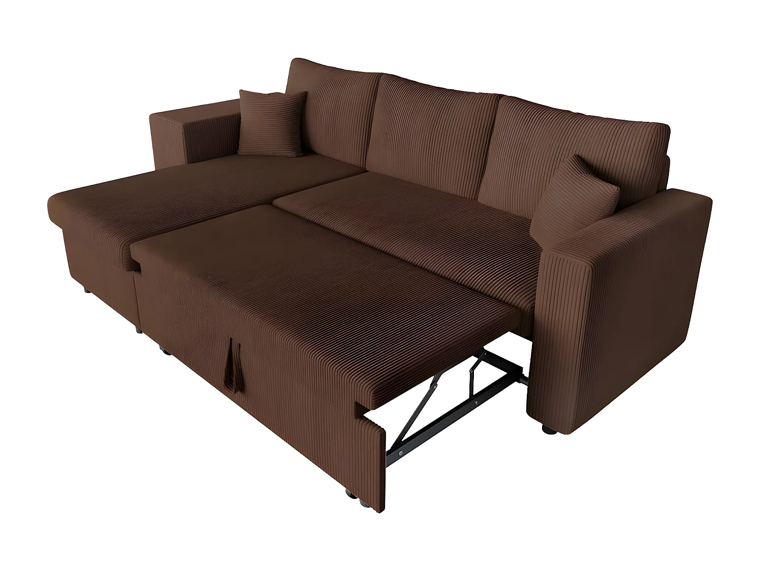 Canapé d'angle réversible convertible Oslo avec coffre, 2 poufs à gauche en velours côtelé marron - L241 x P146 x H81cm - Loungitude