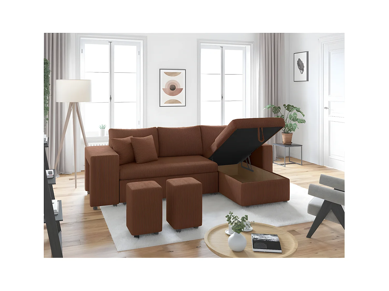 Canapé d'angle réversible convertible Oslo avec coffre, 2 poufs à gauche en velours côtelé marron - L241 x P146 x H81cm - Loungitude