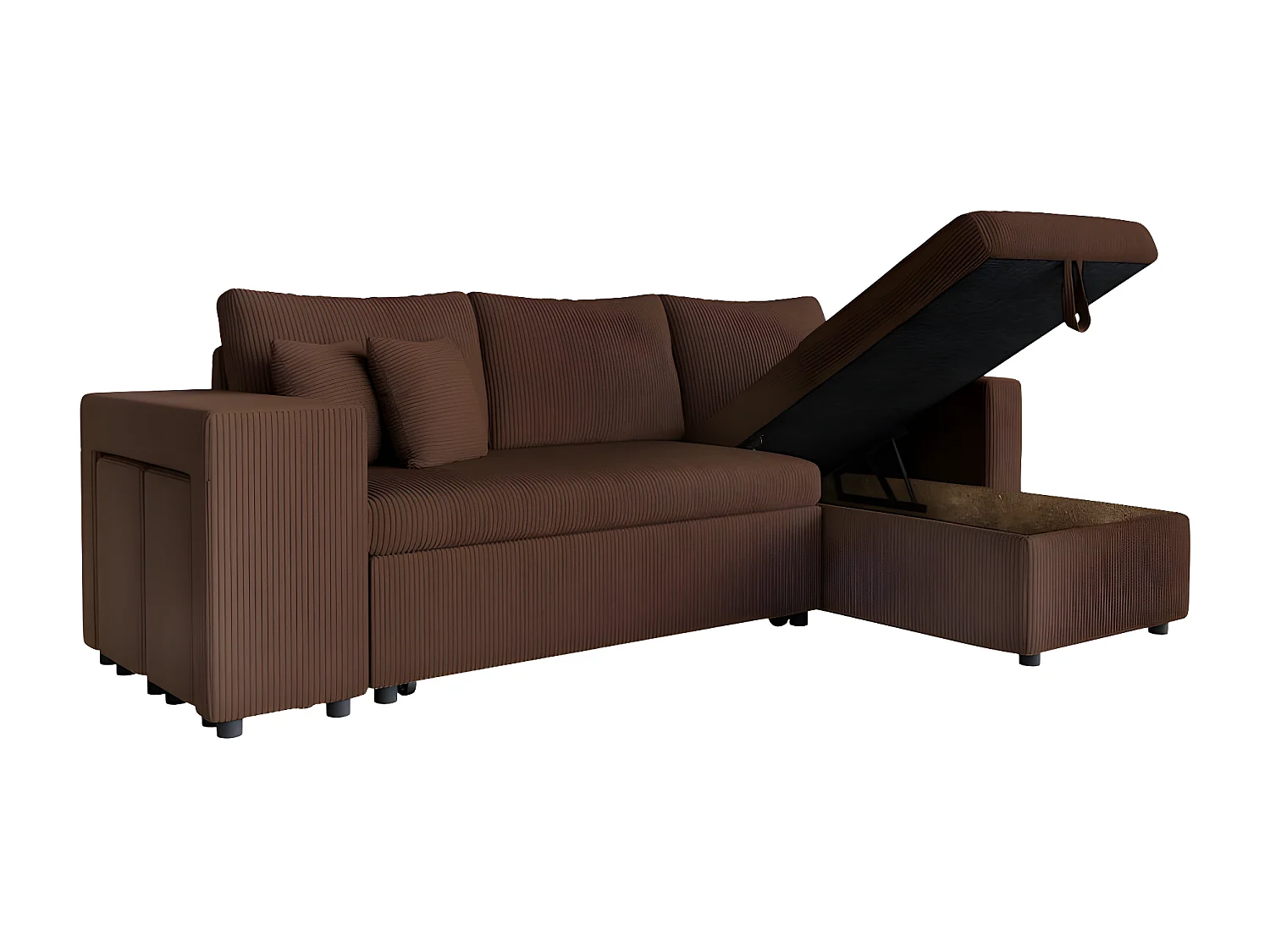 Canapé d'angle réversible convertible Oslo avec coffre, 2 poufs à gauche en velours côtelé marron - L241 x P146 x H81cm - Loungitude
