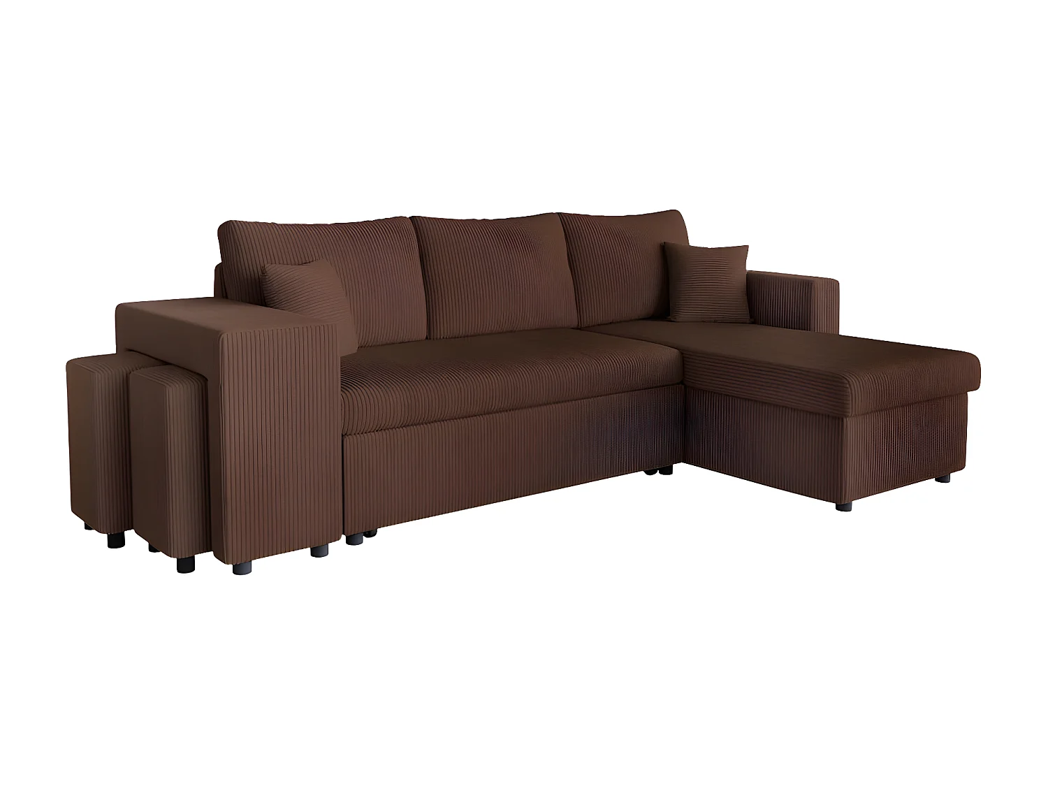 Canapé d'angle réversible convertible Oslo avec coffre, 2 poufs à gauche en velours côtelé marron - L241 x P146 x H81cm - Loungitude