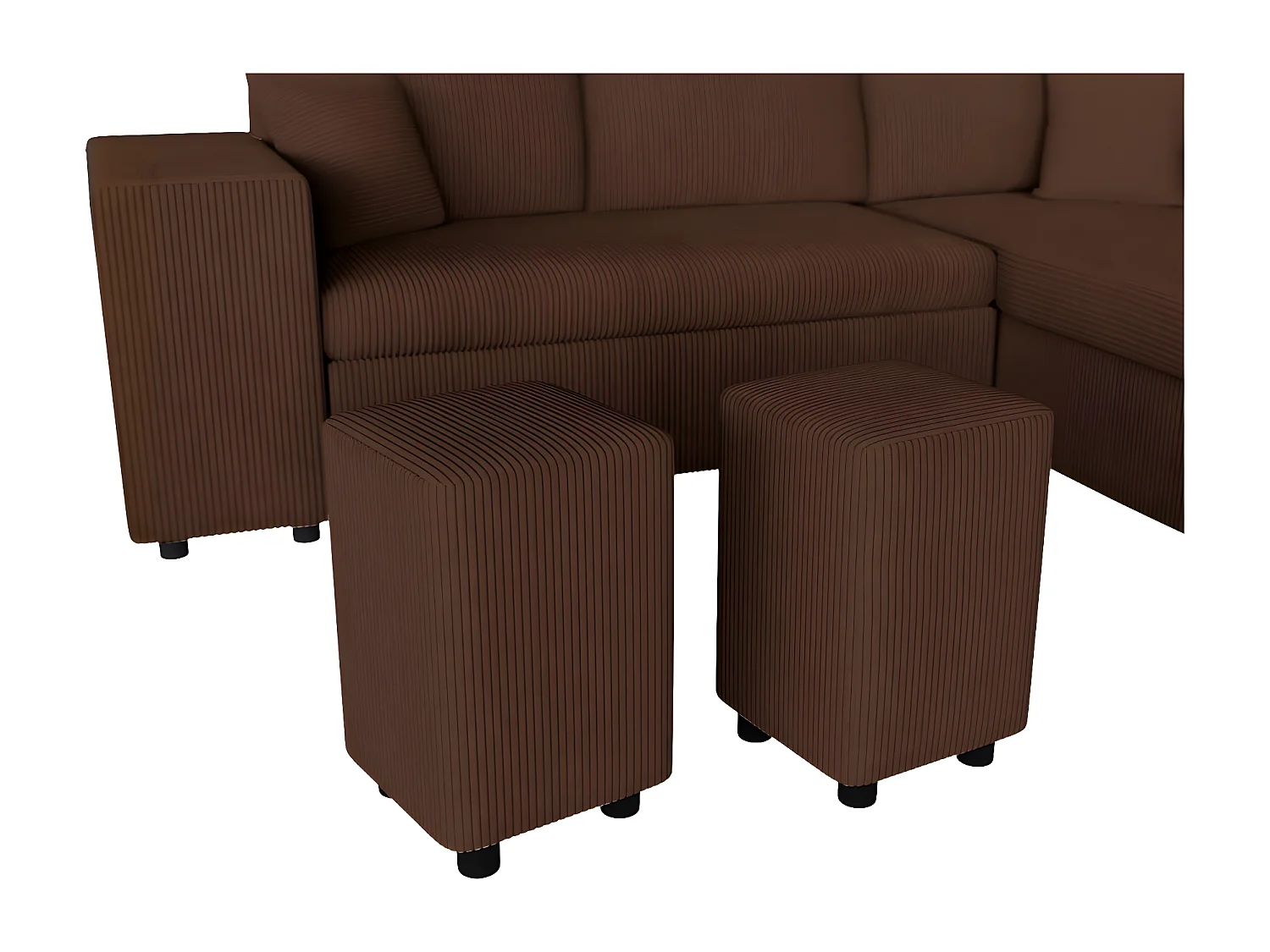 Canapé d'angle réversible convertible Oslo avec coffre, 2 poufs à gauche en velours côtelé marron - L241 x P146 x H81cm - Loungitude