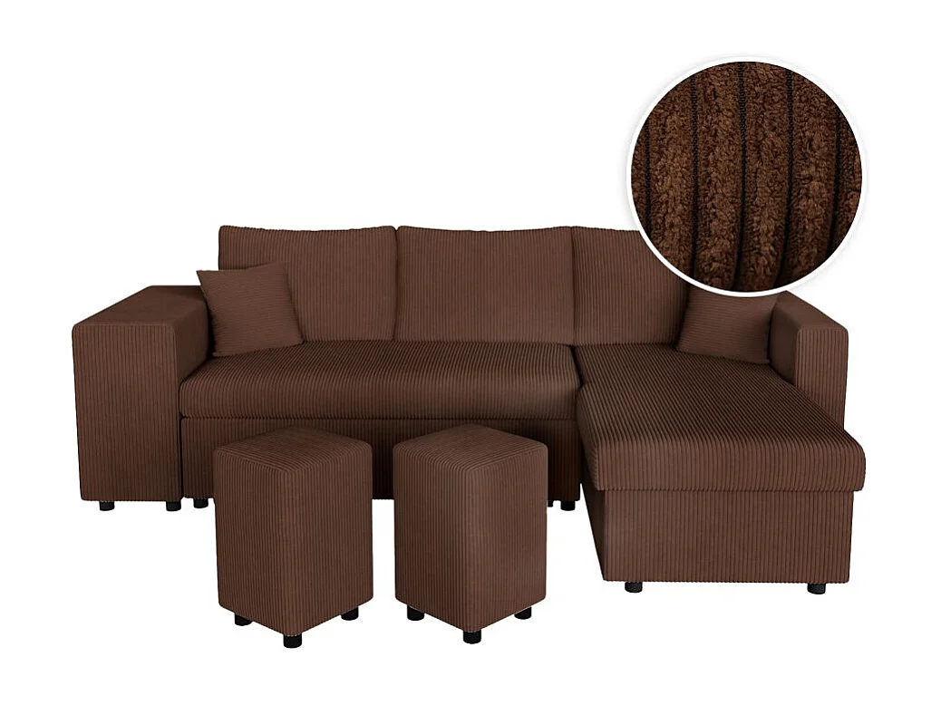 Canapé d'angle réversible convertible Oslo avec coffre, 2 poufs à gauche en velours côtelé marron - L241 x P146 x H81cm - Loungitude