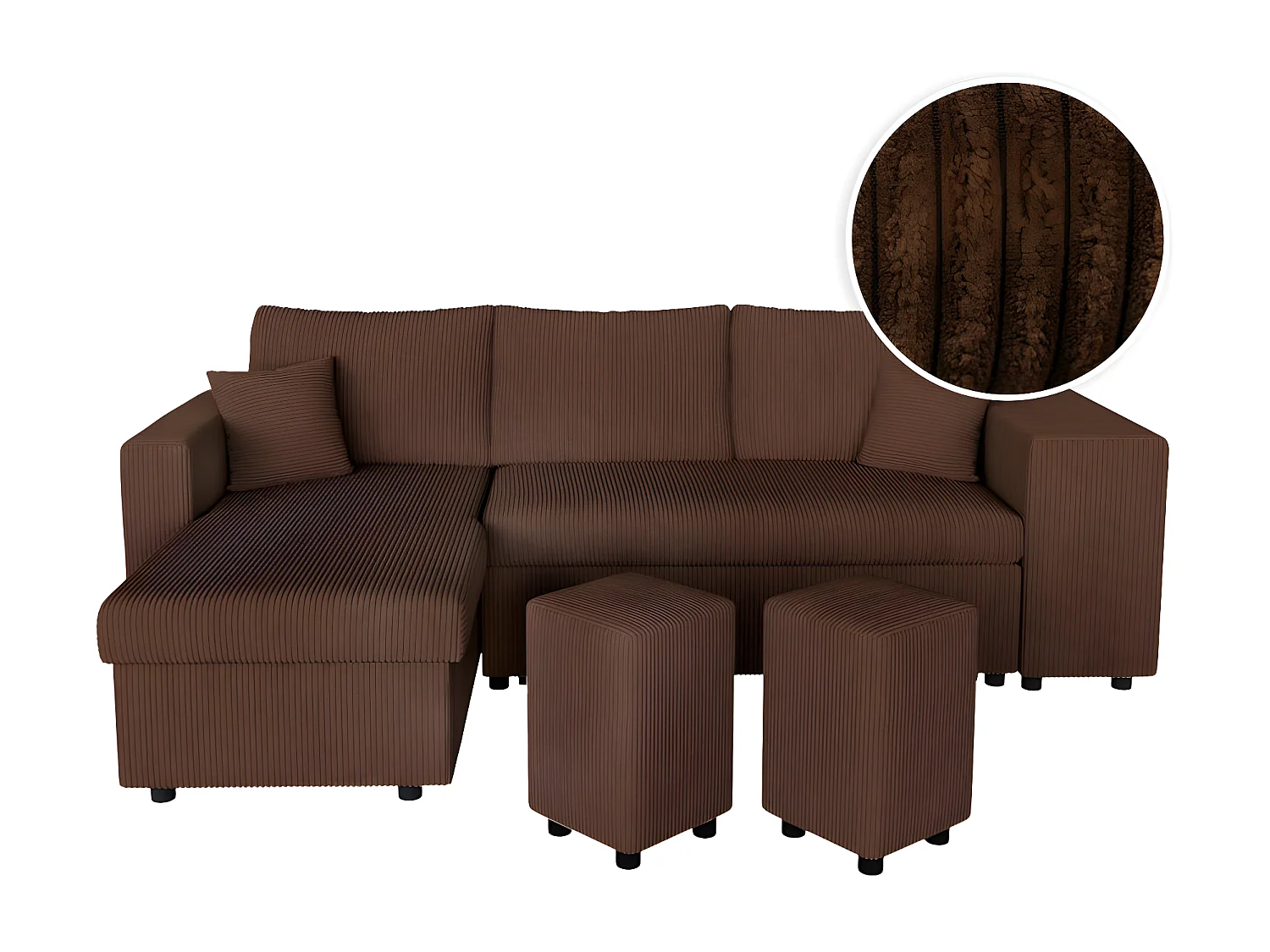 Canapé d'angle réversible convertible Oslo avec coffre, 2 poufs à droite en velours côtelé marron - L241 x P146 x H81cm - Loungitude