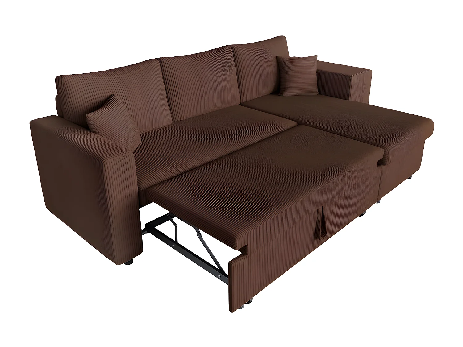Canapé d'angle réversible convertible Oslo avec coffre, 2 poufs à droite en velours côtelé marron - L241 x P146 x H81cm - Loungitude