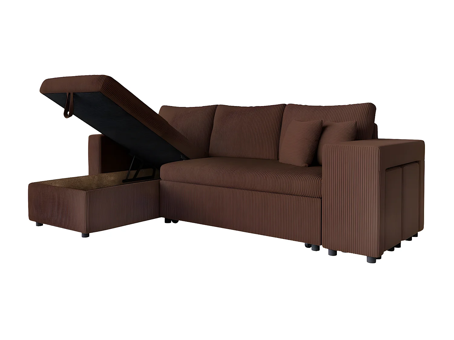 Canapé d'angle réversible convertible Oslo avec coffre, 2 poufs à droite en velours côtelé marron - L241 x P146 x H81cm - Loungitude