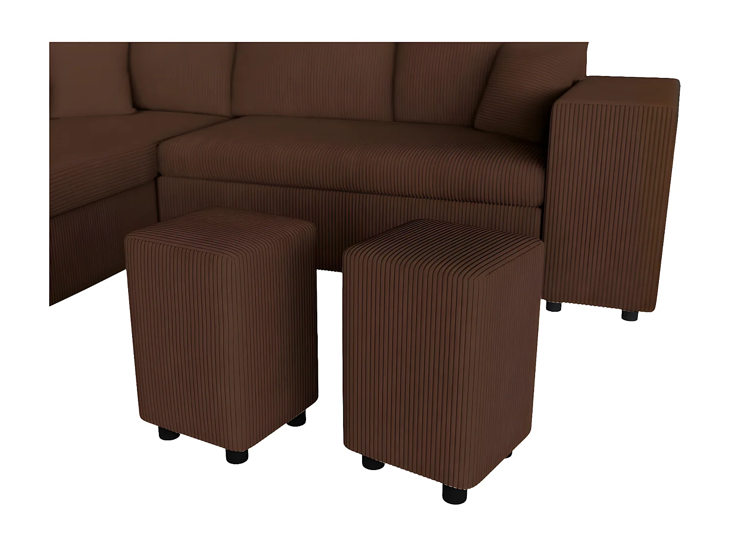 Canapé d'angle réversible convertible Oslo avec coffre, 2 poufs à droite en velours côtelé marron - L241 x P146 x H81cm - Loungitude