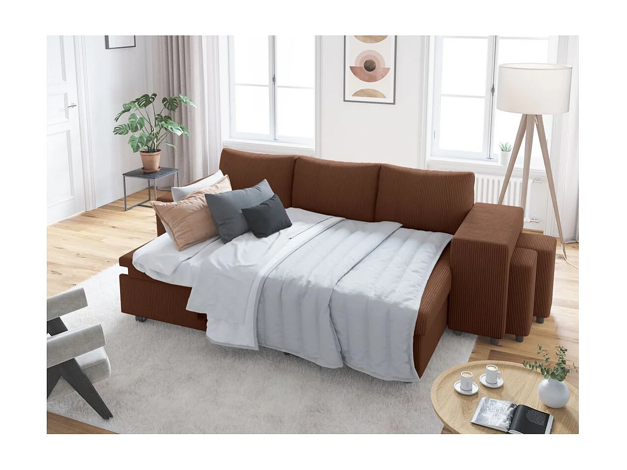 Canapé d'angle réversible convertible Oslo avec coffre, 2 poufs à droite en velours côtelé marron - L241 x P146 x H81cm - Loungitude